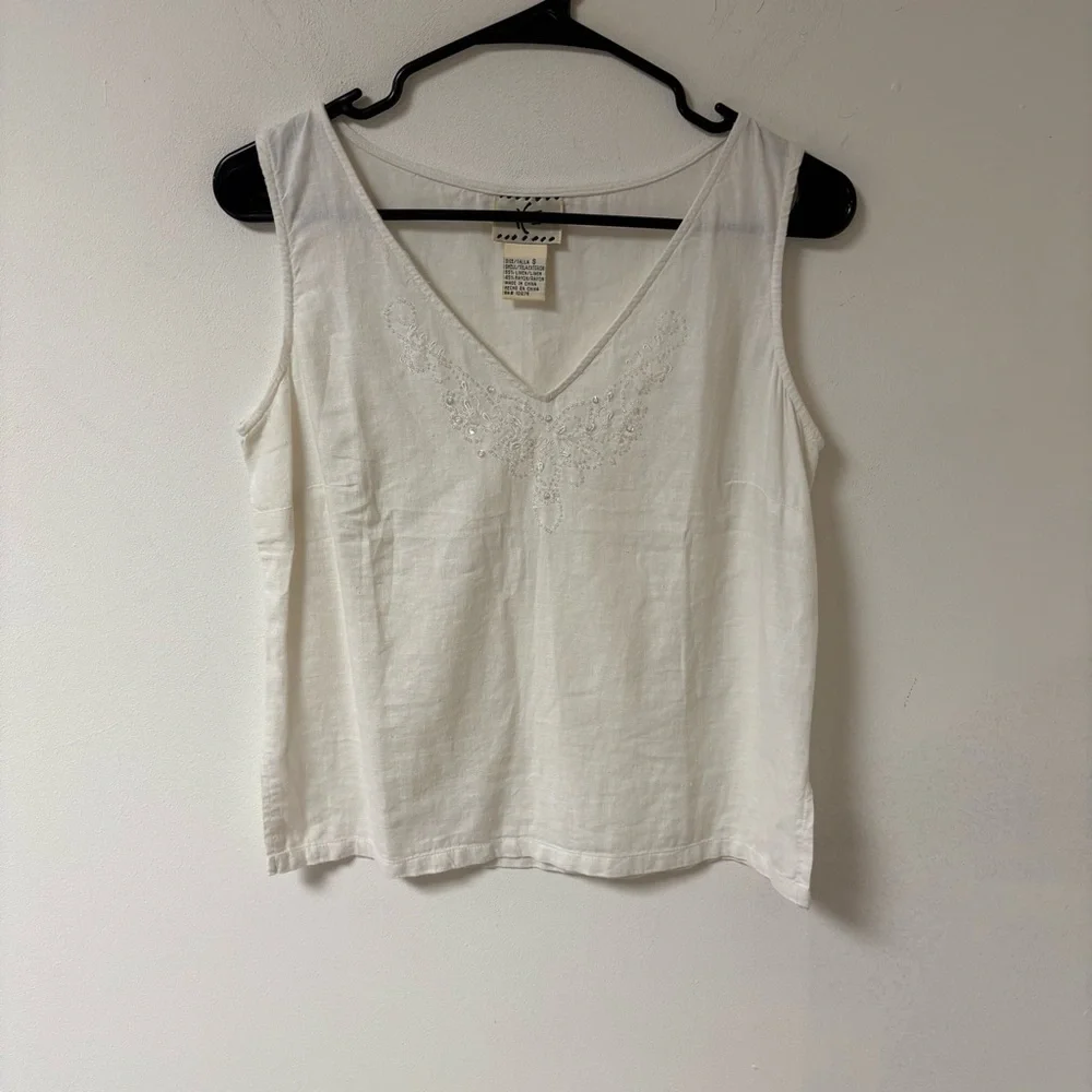 White Embroidered Womens Linen Tank Top Small - Picture 3 of 11